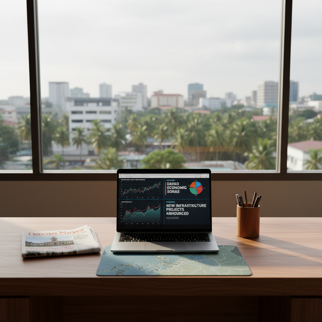 A neat wooden newsroom desk in Davao-style setting, topped with a slim silver laptop displaying charts and headlines, a folded local newspaper labeled “Davao News,” a small cup of pens, and a subtle map of Mindanao printed on a mousepad. Through a large window behind the desk, a softly blurred cityscape of Davao with low to mid-rise buildings and lush trees is visible. Late-morning natural light streams in, casting gentle shadows and a professional glow across the workspace. Shot at eye level with shallow depth of field, the focus stays on the desk details while the background melts into a soft bokeh. The atmosphere is organized, reliable, and informative, conveying trustworthy local journalism in photographic realism.